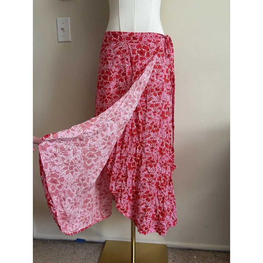 J Crew Bright Tropical Pink Midi Skirt Faux Wrap Coastal Beach Medium‎ *FLAW
